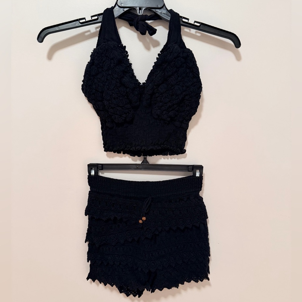 Black Crochet Halter Top and Shorts Set